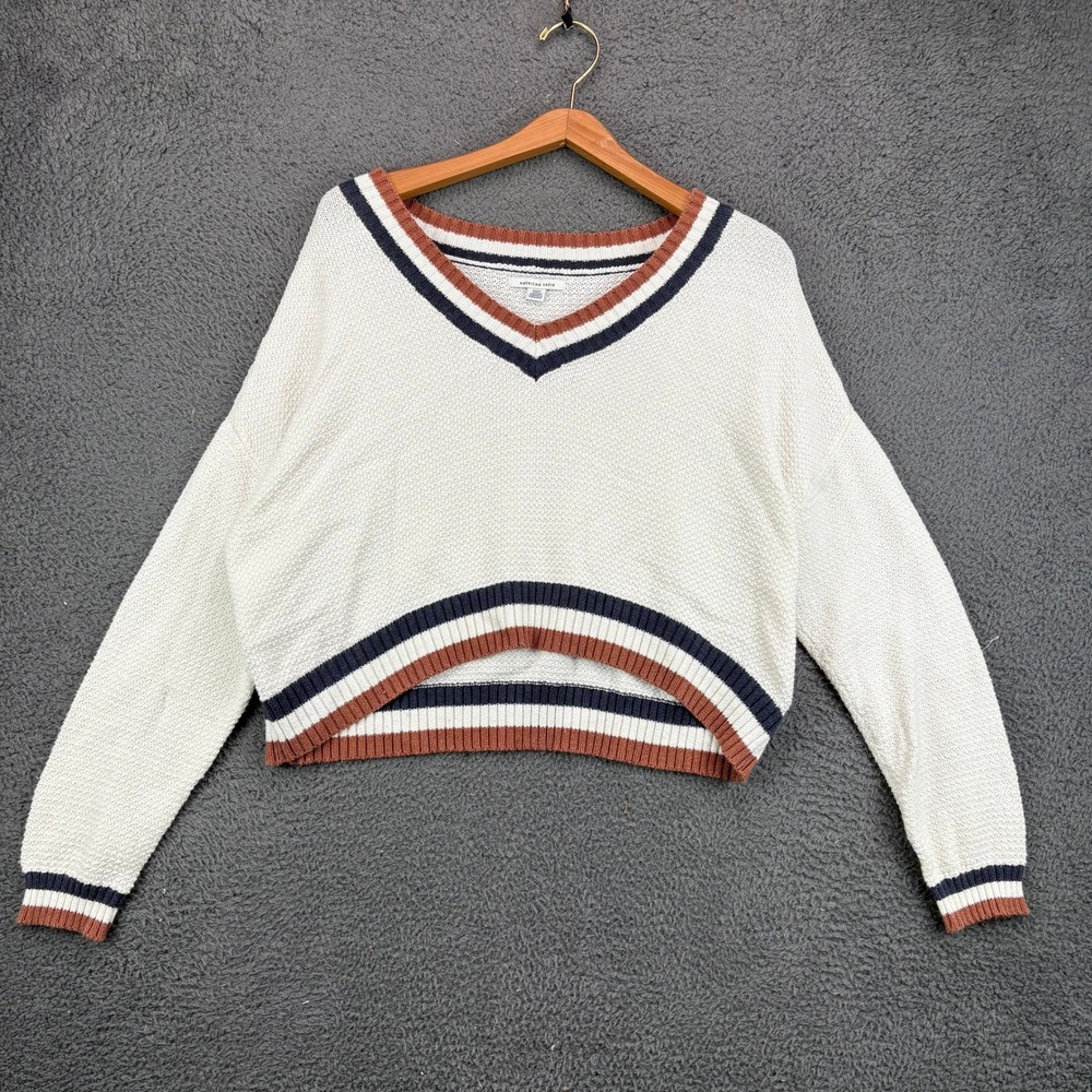 American‎ Eagle Womens Medium V-Neck Striped Cropped Sweater White Brown Navy